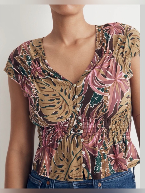 Madewell Tops - Madewell Tropical Button Shirred Cap-Sleeve Top in Brushstroke Monstera XL